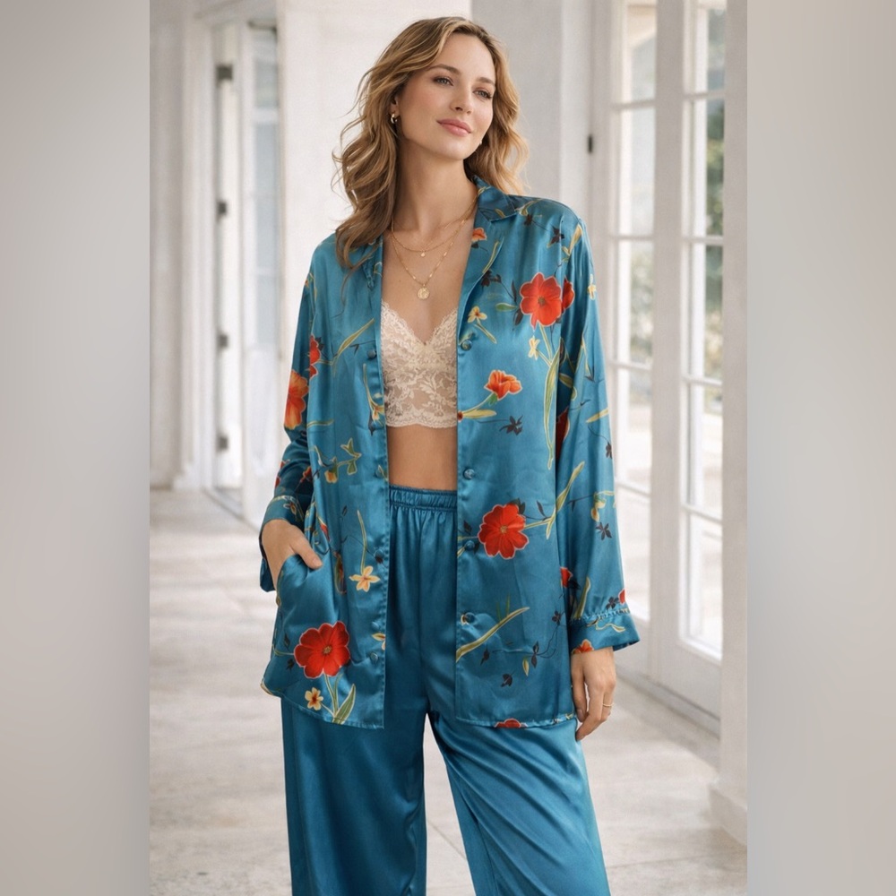 Vintage Satin & Beaux 2 Pc Floral Satin Pajama Set Blue Red Y2K Size L